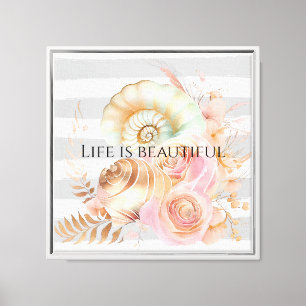Lienzo Gray Watercolor Beach Stripes Gold Floral Shells