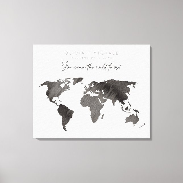 Lienzo Gray Watercolor World Map Canvas Guest Book (Anverso)
