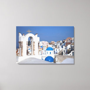 Lienzo Grecia, Santorini. Campanario y cúpulas azules de 