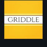 Lienzo GRIDDLE Brillo amarillo dorado franjas blancas tex<br><div class="desc">Este divertido y nostálgico diseño presenta el texto GRIDDLE dentro de una amplia franja blanca central resaltada con pinstripes negras y rayas amarillas claras flotantes contra un fondo amarillo dorado y ancho brillante. El texto se puede personalizar.</div>