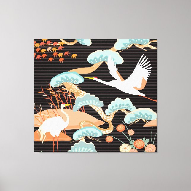 Lienzo Grullas, garzas: Patrón de pájaros japoneses. (Anverso)