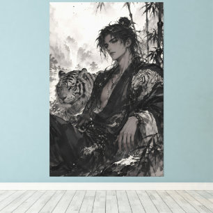 Lienzo Guerrero Wuxia del Tigre Blanco descansando en el