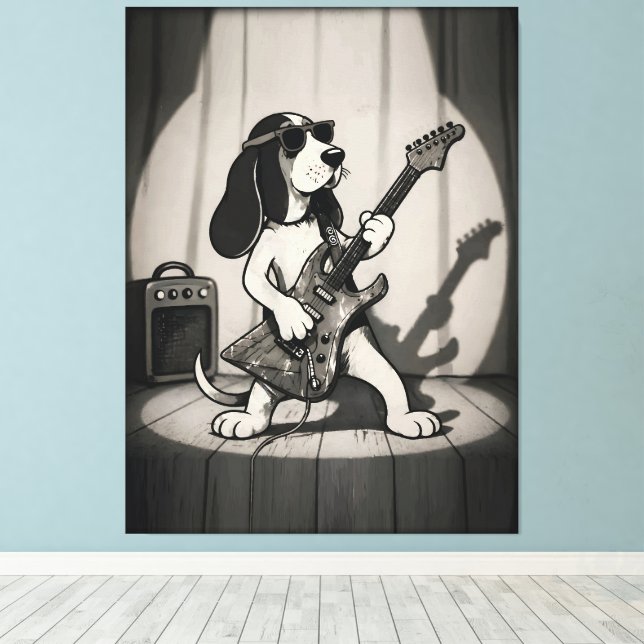 Lienzo Guitarrista Basset Hound Estrella de Rock Retro Mo (Insitu (piso de madera))