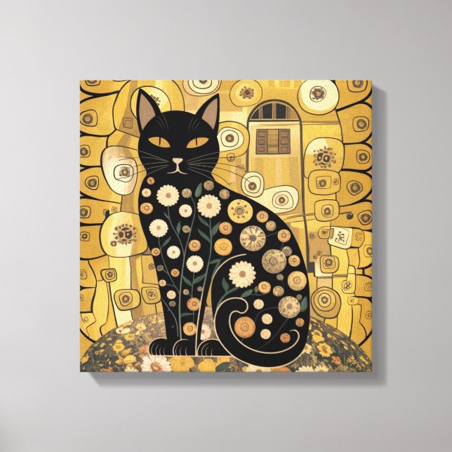 Lienzo Gustav Klimt Style Black Cat Art (Anverso)