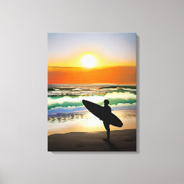 Lienzo Guy on Beach con Surf Board Sunset