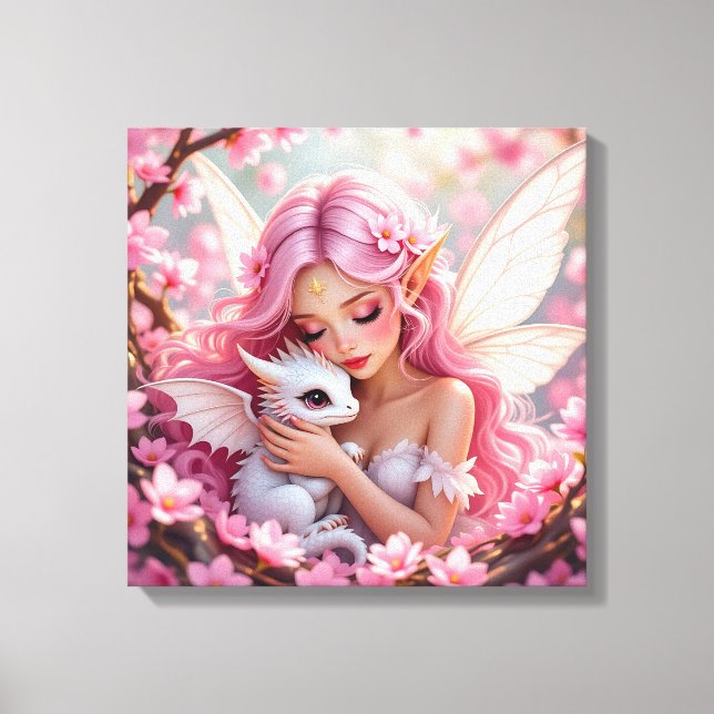 Lienzo Hada Elfa Rosa Bonita y Dragón (Anverso)