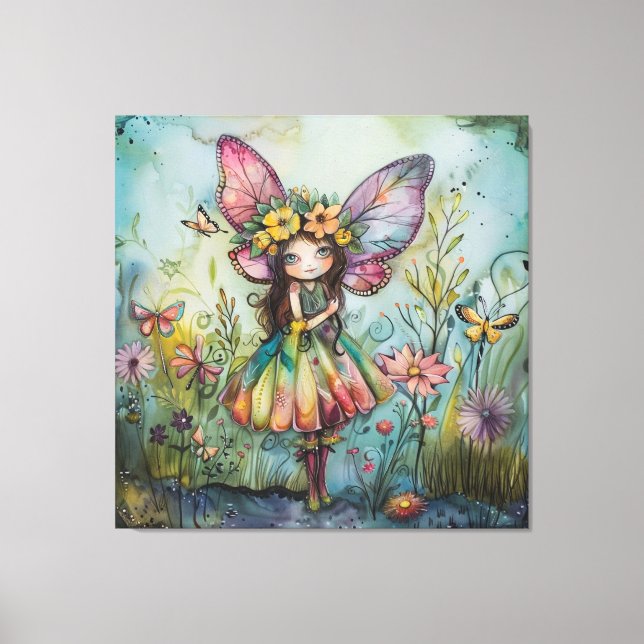 Lienzo Hadas caprichosas, mariposas y flores silvestres (Anverso)