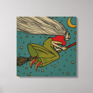 Lienzo Halloween antiguo, bruja malvada volando en escoba