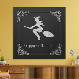 Lienzo Halloween de la Bruja Voladora de Plata