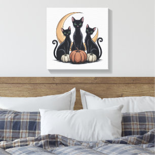 Lienzo Halloween de la Luna de Calabaza de Gatos Negros W