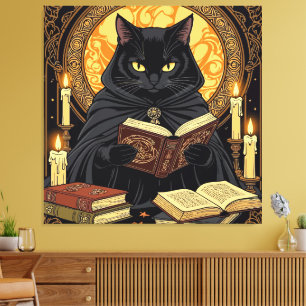 Lienzo Halloween en tapa dura: un felino leyendo libros