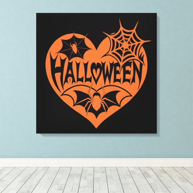 Lienzo Halloween Heart, Orange Heart Shape, Spider Web (Insitu (piso de madera))
