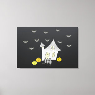 Lienzo Halloween House, gatos negros, murciélagos, calaba