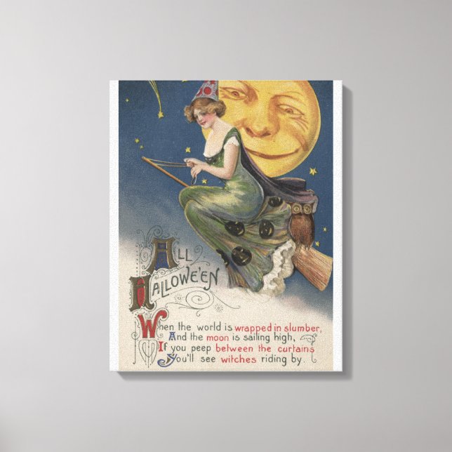 Lienzo Halloween saludo a Witch en vuelo (Anverso)