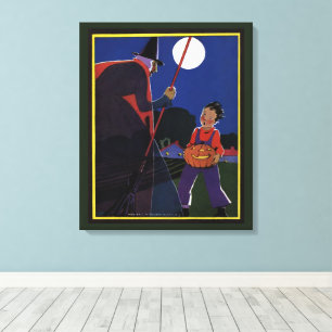 Lienzo Halloween Vintage, Bruja Espeluznante con Niño