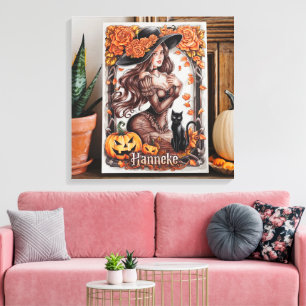 Lienzo Halloween Wall Art: Mujer con Gorra y Naranja negr