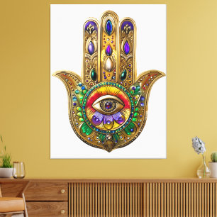 Lienzo Hamsa de oro pintado amatista rubí tercer ojo