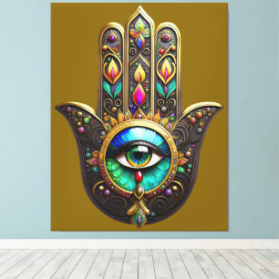 Lienzo Hamsa Dorado Marrón Colorido Ojo Tercero Arcoíris