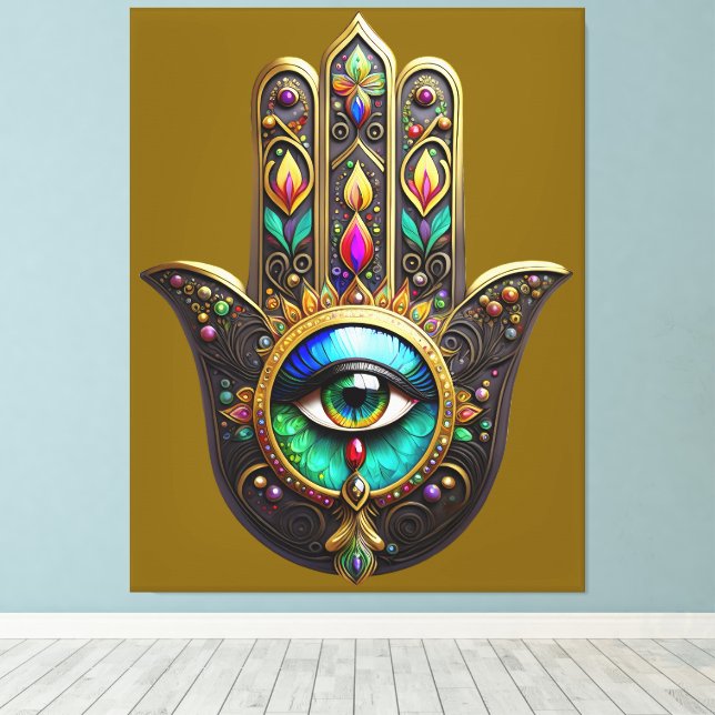 Lienzo Hamsa Dorado Marrón Colorido Ojo Tercero Arcoíris (Insitu (piso de madera))