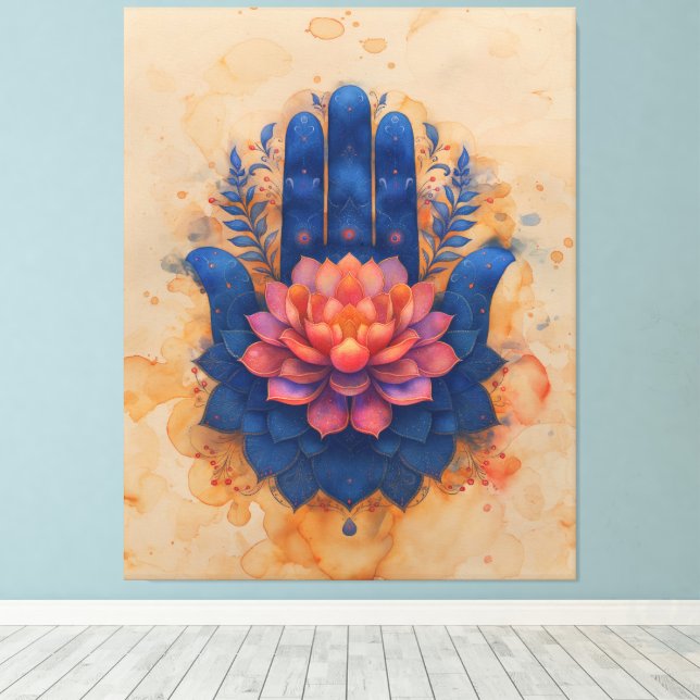 Lienzo Hamsa Hand con Lotus Flower (Insitu (piso de madera))