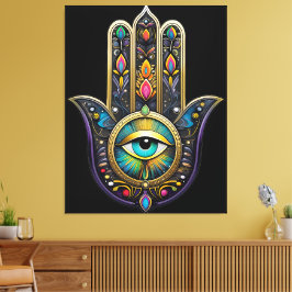 Lienzo Hamsa negro colorido con tercer ojo turquesa