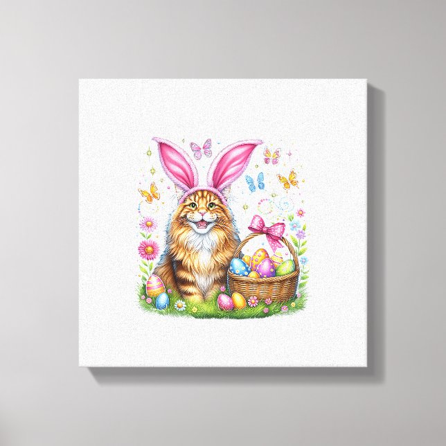 Lienzo Happy Easter Cute Bunny Maine Coon Cat Easter Eggs (Anverso)