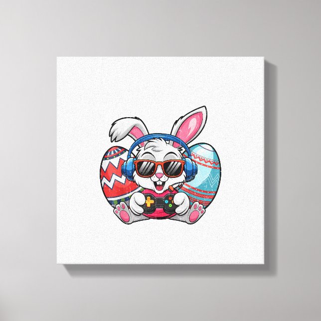 Lienzo Happy Easter Day Cute Bunny Playing Video Game Kid (Anverso)