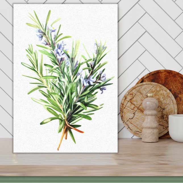 Lienzo Harina de hierba fresca de Rosemary para cocina (Printed Canvas Bright Green Watercolor Rosemary on White with lavender blooms kitchen art)