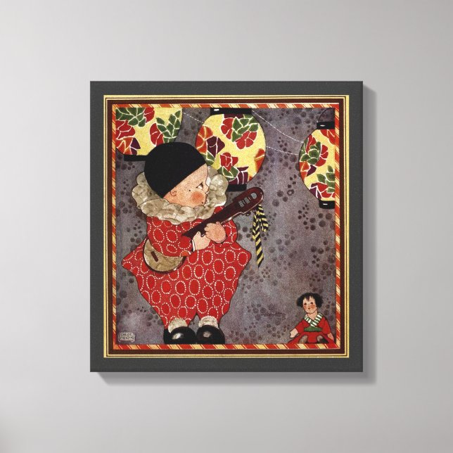 Lienzo Harlequin infantil vintage, músico tocando banjo (Anverso)