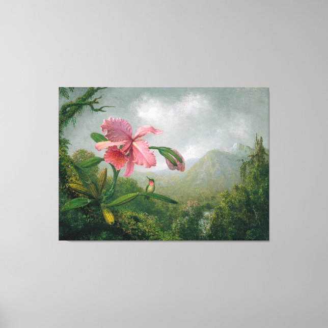 Lienzo HEADE Orchid y Hummingbird cerca de una cascada de (Anverso)
