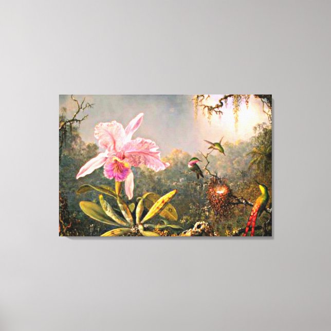 Lienzo Heade - Orquídea Cattleya y tres Hummingbirds (Anverso)