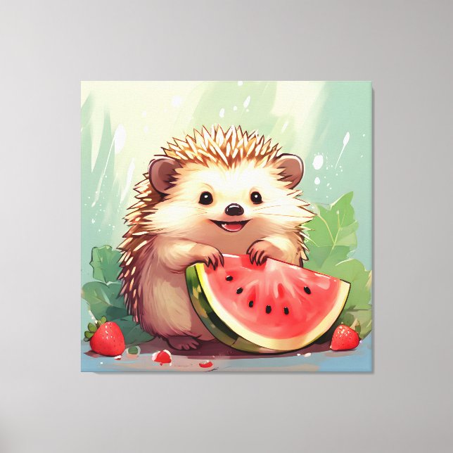 Lienzo Hedgehog disfrutando de una sandía (Anverso)