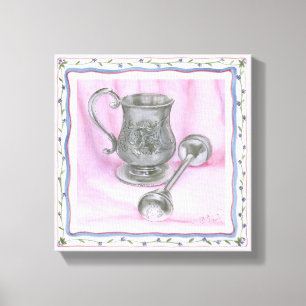 Lienzo Heirloom Cup y Rattle con fondo morado