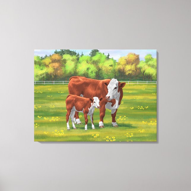 Lienzo Hereford Vaca y ternera en la pastelería de verano (Anverso)