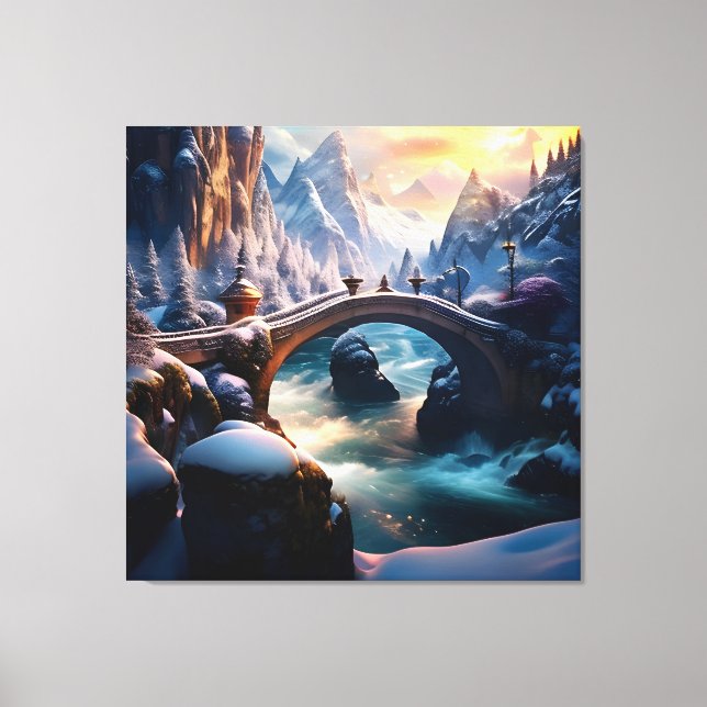 Lienzo Hermosa cascada de invierno bajo puente 2 (Anverso)