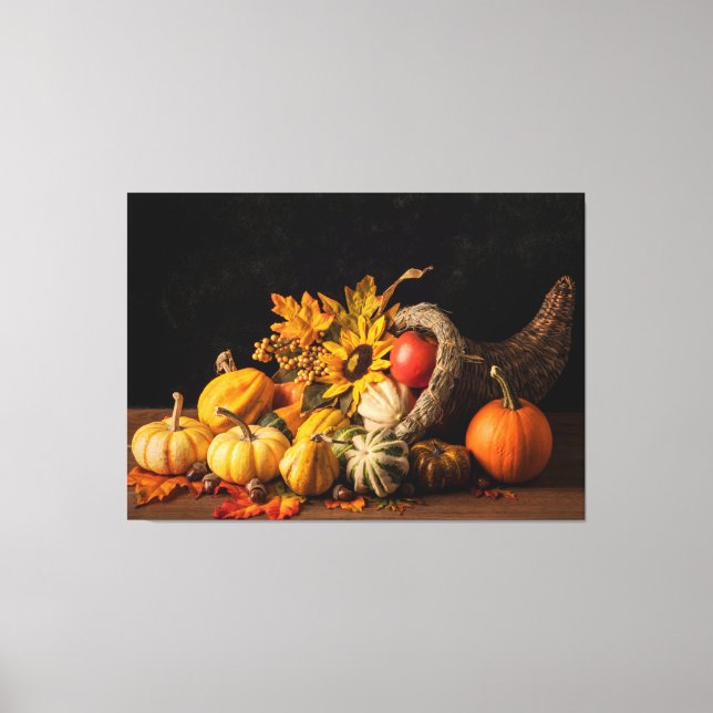 Lienzo Hermosa Cornucopia Llena De Gourds De Otoño (Anverso)