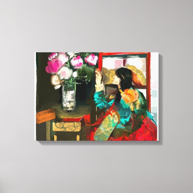 Lienzo Hermosa dama adornando flores (Anverso)