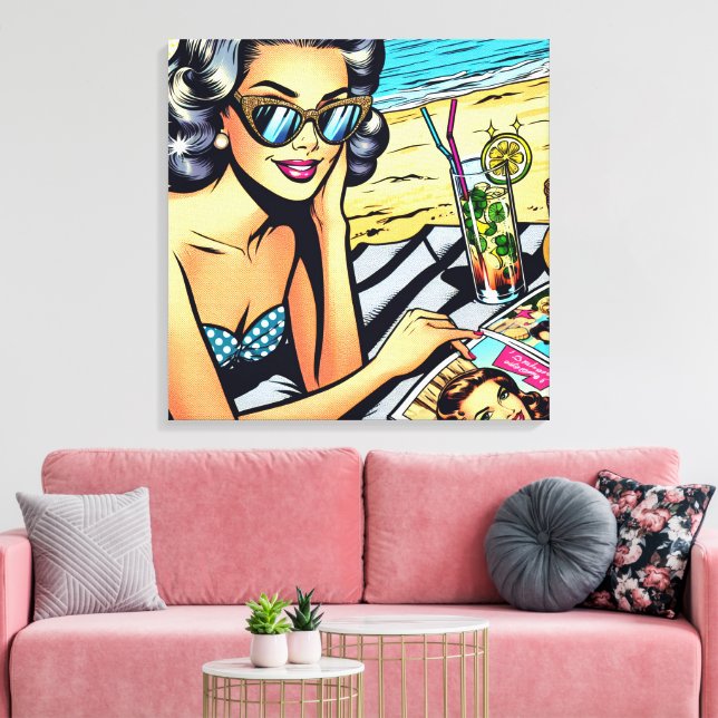 Lienzo Hermosa dama retro en la playa con cóctel (Insitu (Sala de estar))