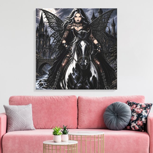 Lienzo Hermosa Hada Gótica en Caballo Negro (Insitu (Sala de estar))