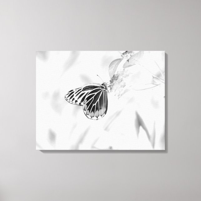 Lienzo Hermosa mariposa en flor - Negro y Blanco (Anverso)