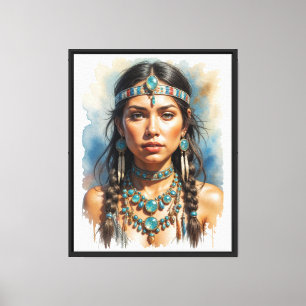 Lienzo Hermosa Mujer Boho Nativo Estadounidense Con Joyas