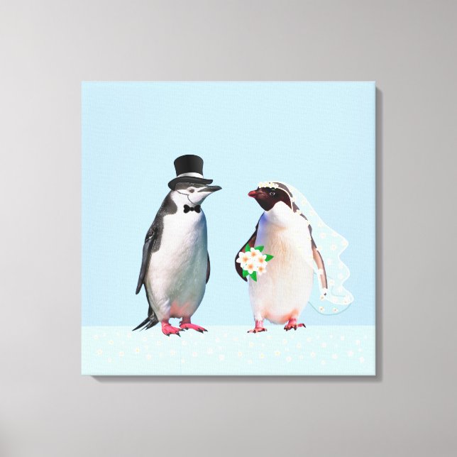 Lienzo Hermosa pareja de pingüinos Bodas en azul claro (Anverso)