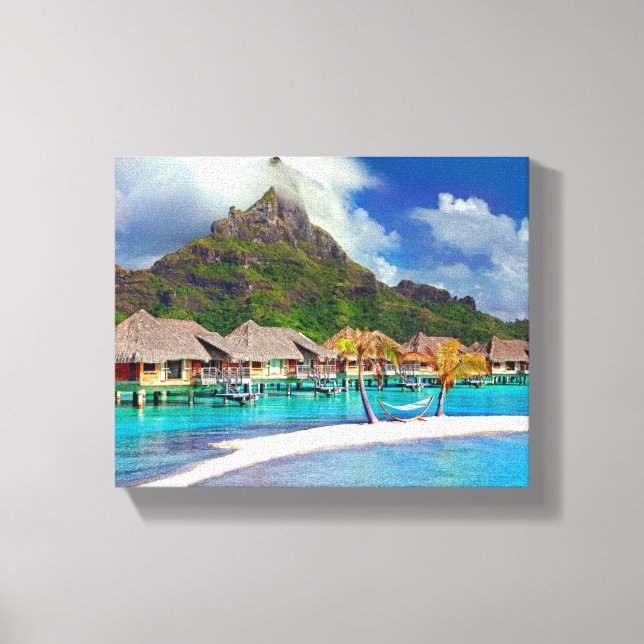 Lienzo Hermosas cabañas en el agua en Bora Bora (Anverso)