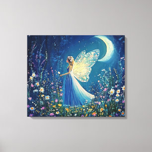 Lienzo Hermosas flores silvestres y luz de luna y hada.
