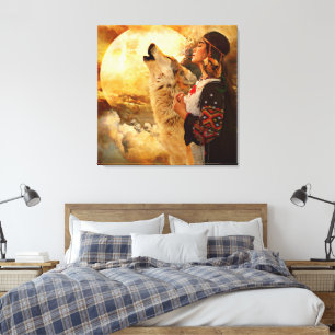 Lienzo Hermosas mujeres hindúes lobo y pintura de luna ll