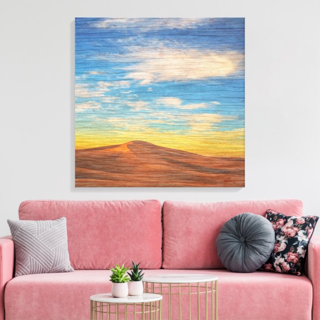 Lienzo Hermoso amanecer sobre dunas de arena en madera (Insitu (Sala de estar))