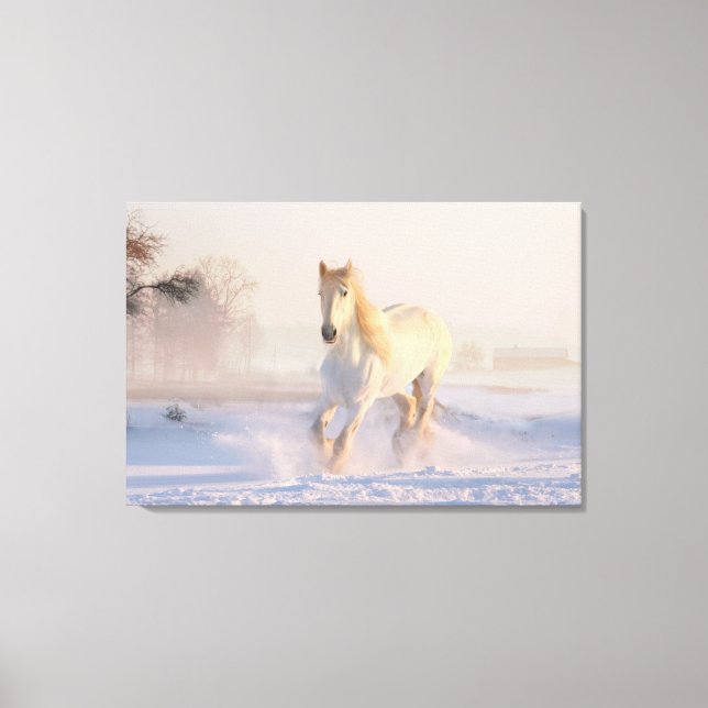 Lienzo Hermoso Caballo Blanco Galopando en la Nieve (Anverso)