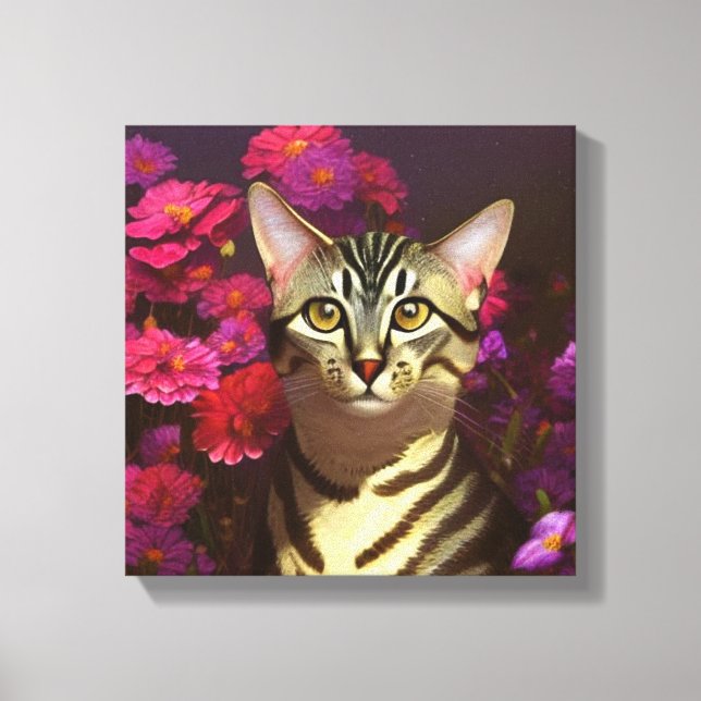Lienzo Hermoso gato Mau egipcio en un jardín nocturno (Anverso)