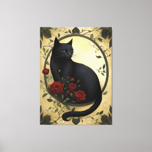 Lienzo Hermoso gato negro y rosas rojas