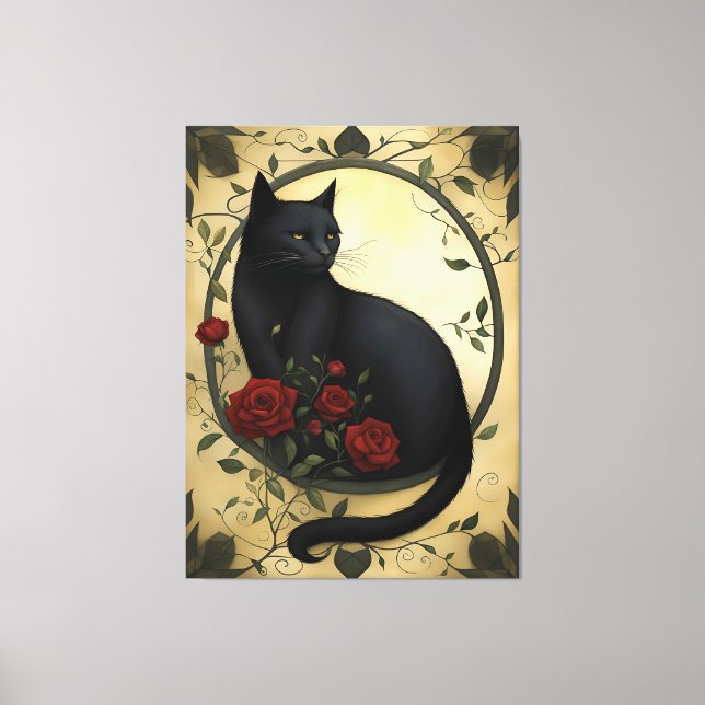 Lienzo Hermoso gato negro y rosas rojas (Anverso)